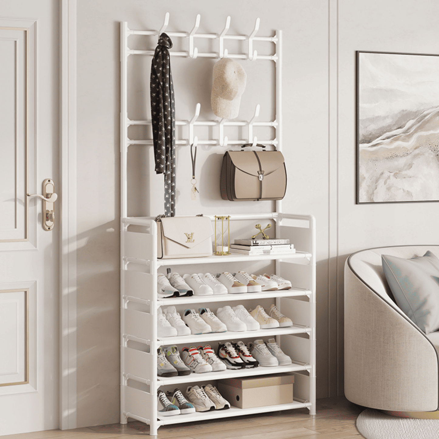 Zapatera Organizador de 5 Niveles Multiuso con Colgadores 80 CM Color Blanco