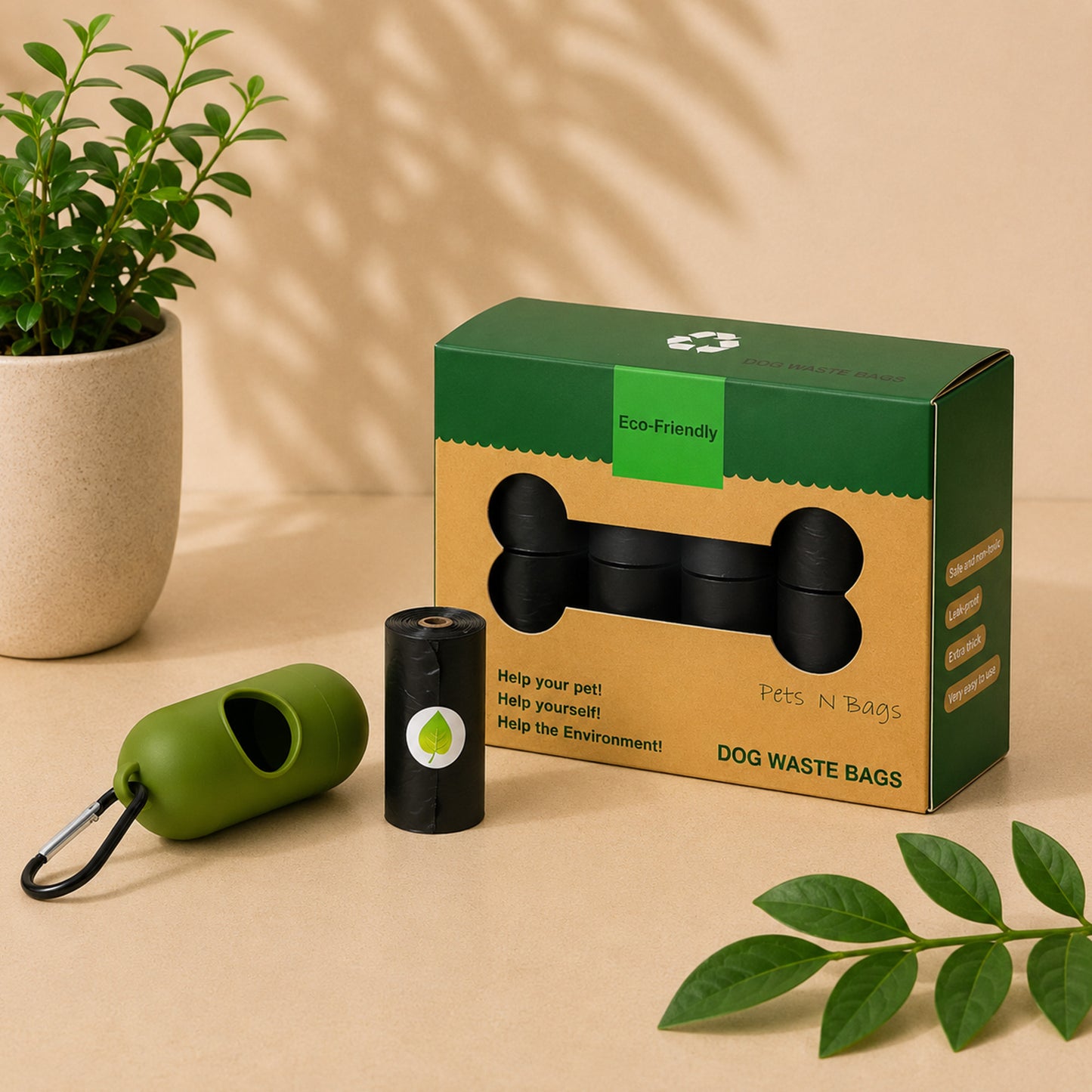 Paquete de 16 Rollos de Bolsas Biodegradables Color Negro + Dispensador