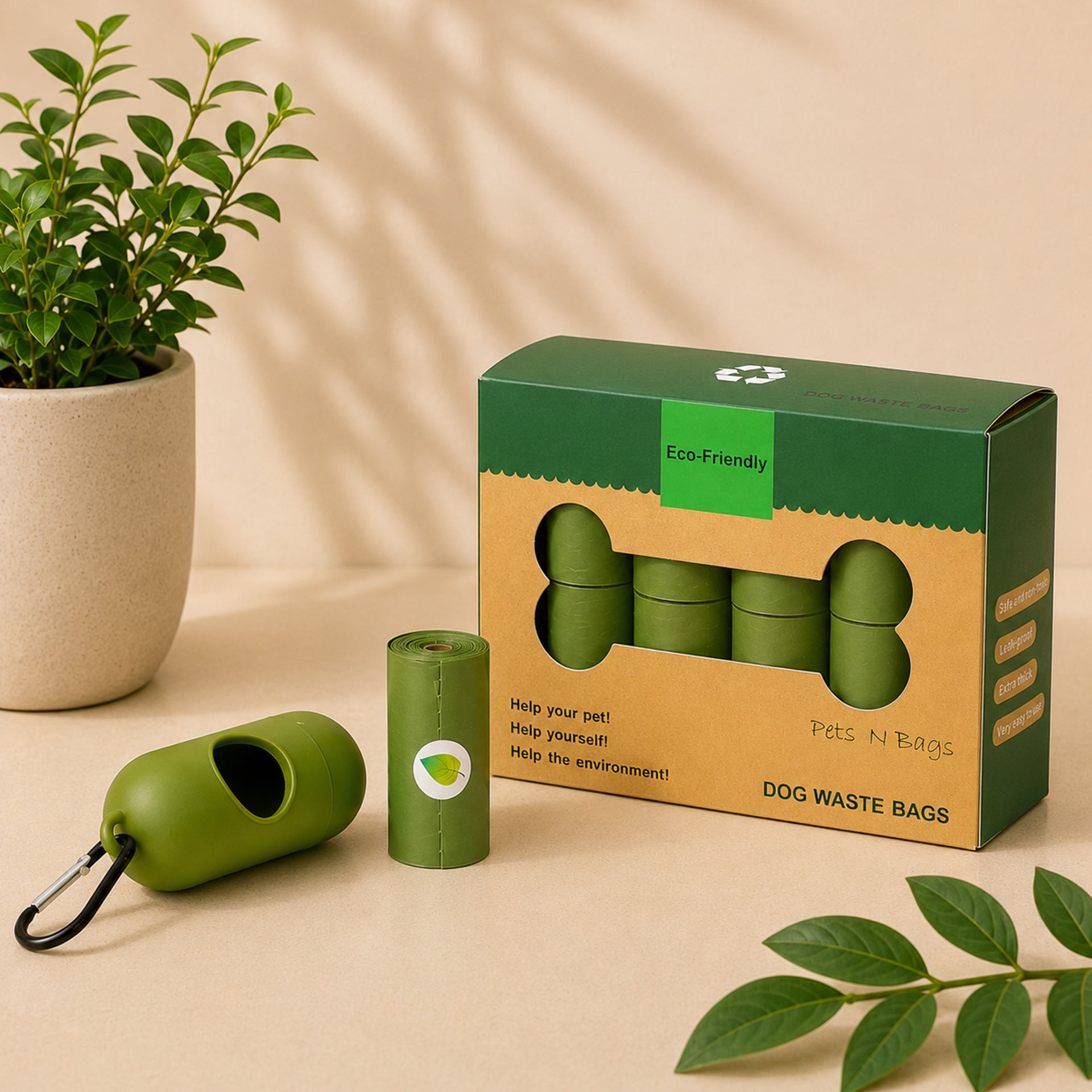 Paquete de 16 Rollos de Bolsas Biodegradables Color Verde + Dispensador