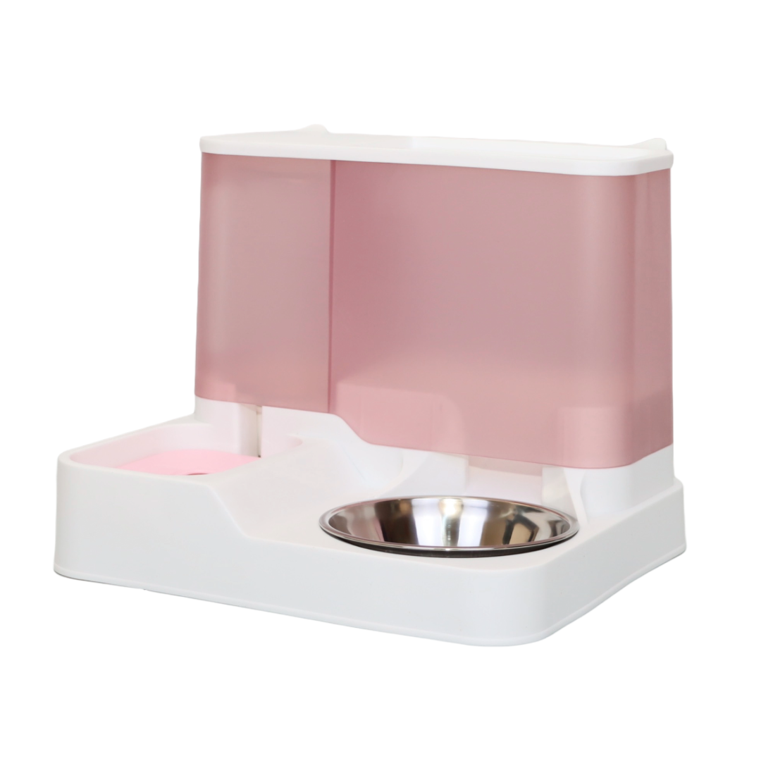 COMEDERO AUTOMÁTICO 2 EN 1 PARA MASCOTAS COLOR ROSADO + PLATO METÁLICO