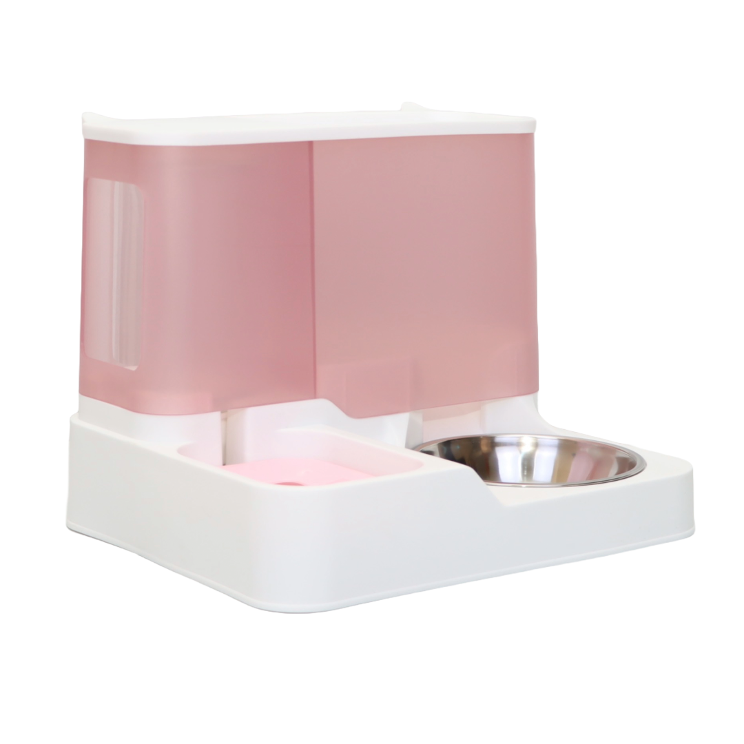 COMEDERO AUTOMÁTICO 2 EN 1 PARA MASCOTAS COLOR ROSADO + PLATO METÁLICO