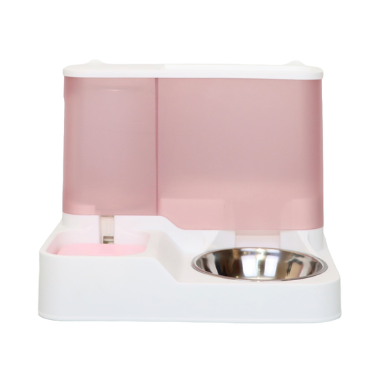 COMEDERO AUTOMÁTICO 2 EN 1 PARA MASCOTAS COLOR ROSADO + PLATO METÁLICO