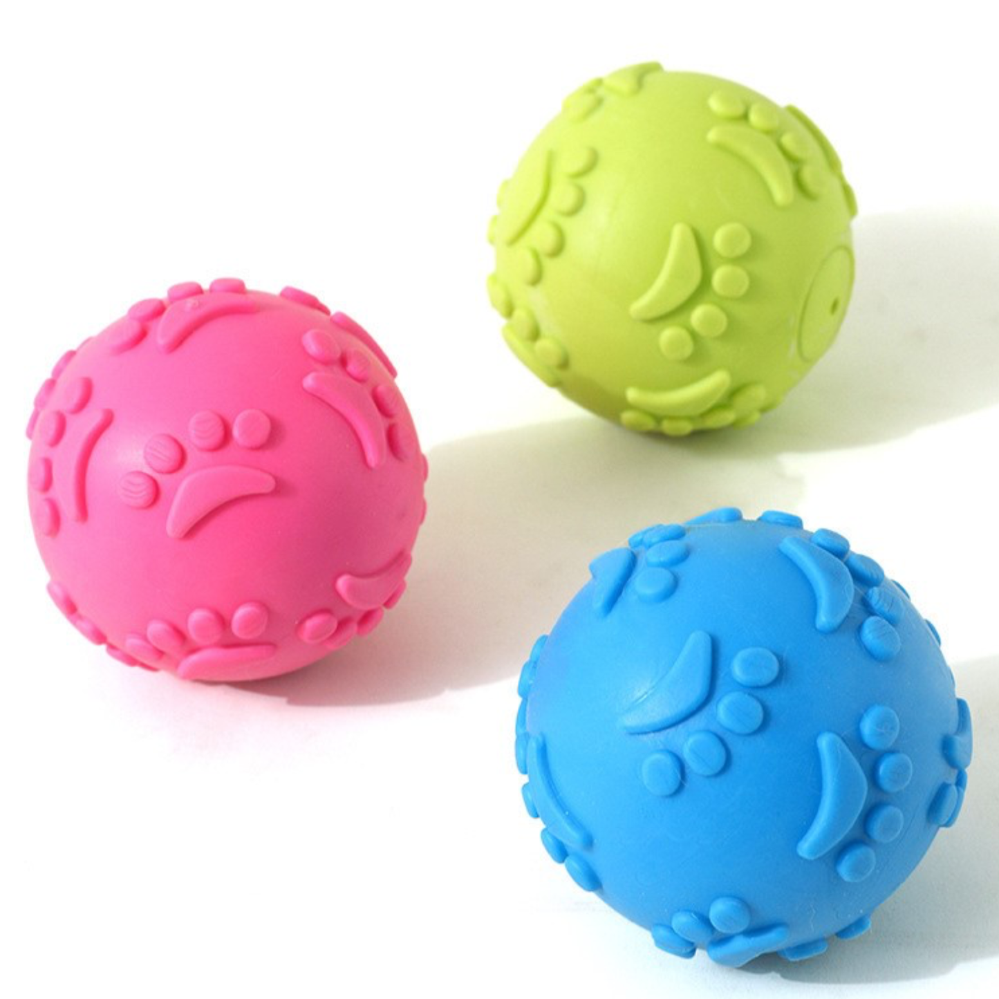 PACK DE 6 PELOTAS DE CAUCHO, CON ALTO RELIEVE DE HUELLAS Y SONIDO PARA MASCOTAS