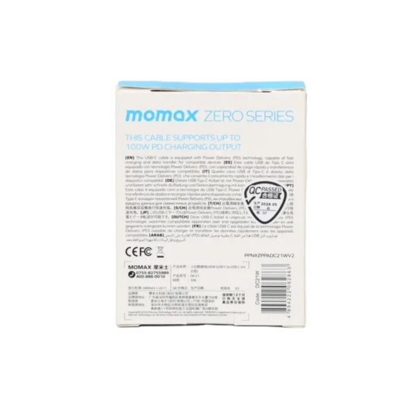 Cable USB-C a USB-C Momax Zero Series 100W PD 1 m Blanco
